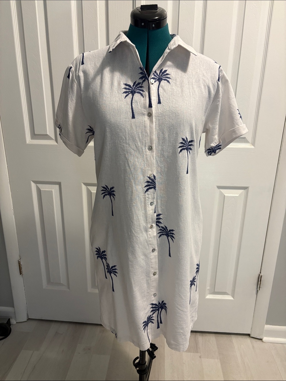 Calypso St. Barth Shirtdress White Blue Palm Trees Pockets